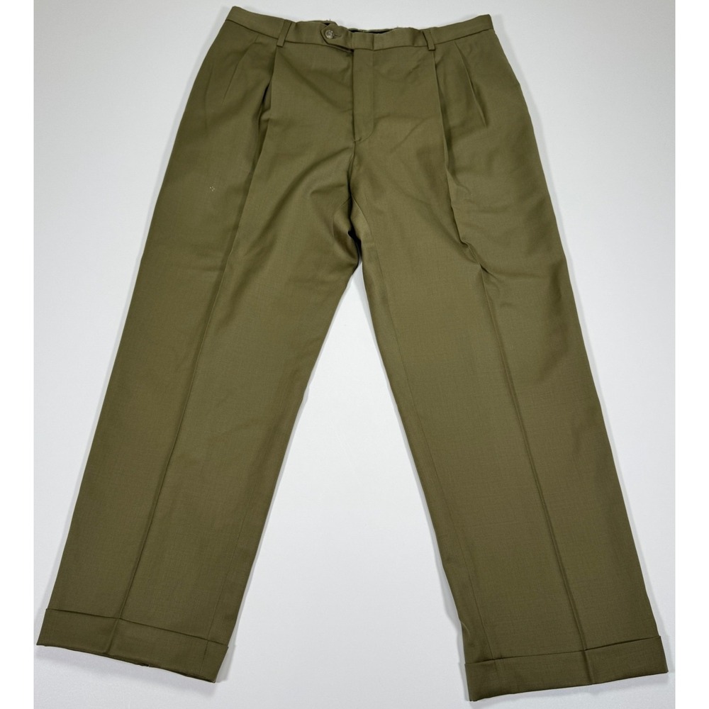Austin Reed Mens 35x29 Olive Super 100s Wool Pleated Cuffed Dress Pants USA